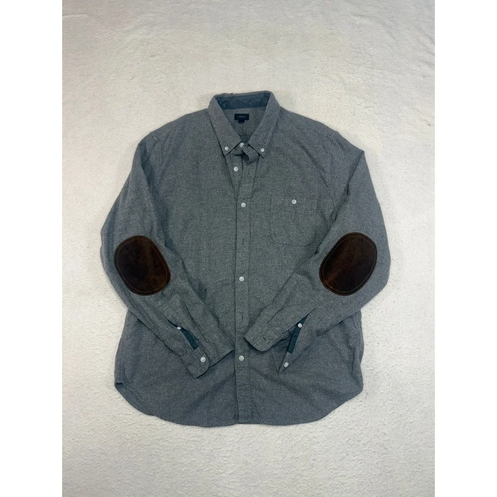 J. Crew Mens XL Gray Flannel Button Down Shirt Brown Elbow Patches Academic